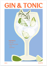 Gin och tonic drink poster med ingredienser i retro stil färgglad med blå bakgrund gul glas och grön lime med orange text av elin pk