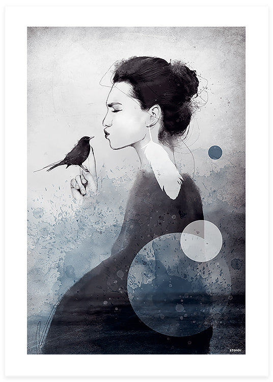 drömliknande illustration poster med textur i blåa toner av en kvinna som kysser en fågel, Storøy.