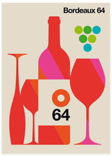 grafisk poster av Bordeaux vinflaska med olika vinglas i randigt grafisk mönster i rött, rosa och orange